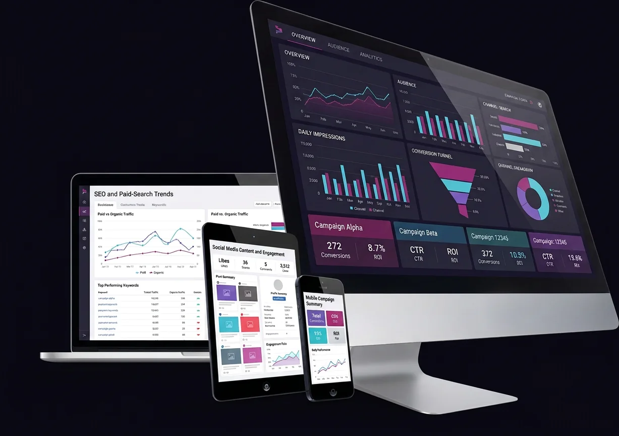 Desktop, laptop, tablet and phone displaying digital marketing campaign dashboards