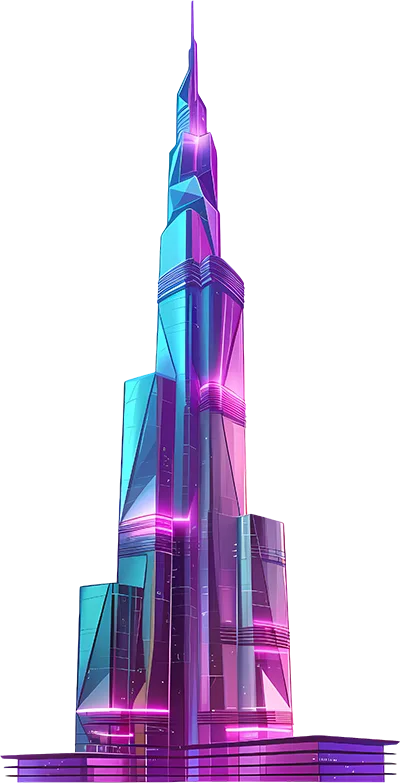 Neon Dubai Burj Khalifa illustration representing Shopify store development in Dubai