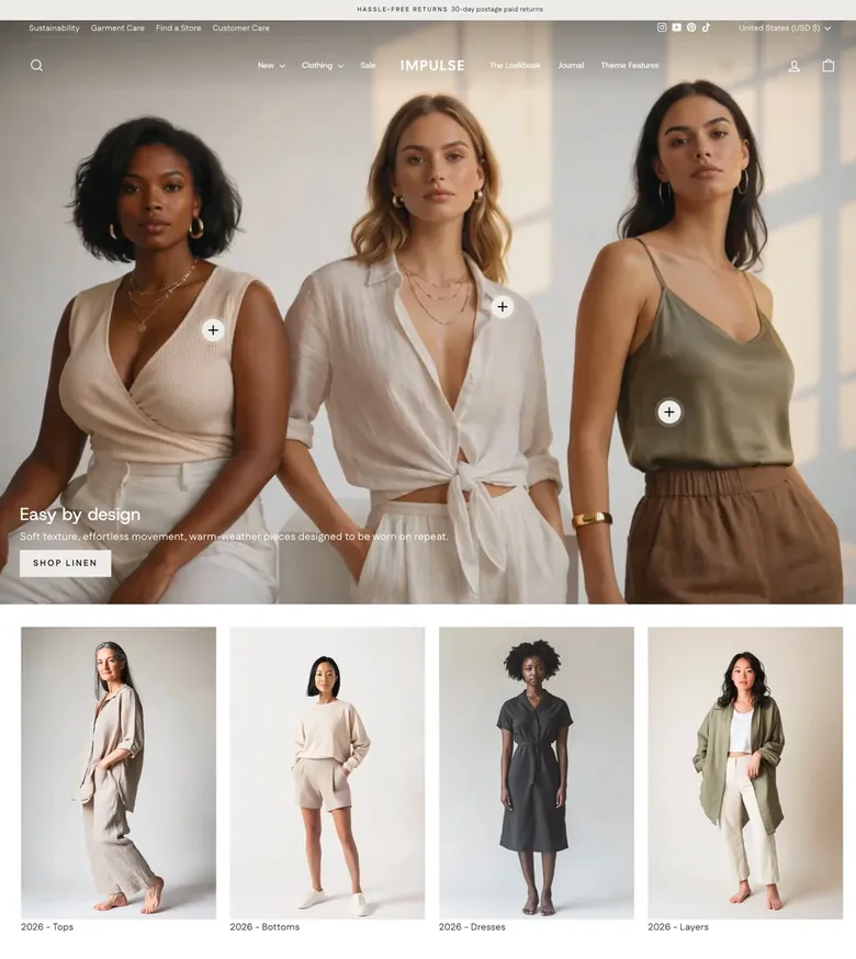 Shopify online store desktop layout showing top navigation, hero collection banner, and product categories