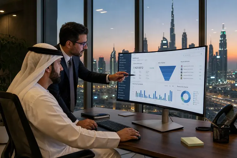 Emirati business director and Logic Works software architect reviewing custom ERP and CRM dashboard in Dubai office