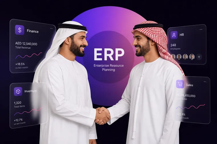 Emirati business leaders shaking hands with custom UAE ERP, Finance, HR and Inventory software modules in AED