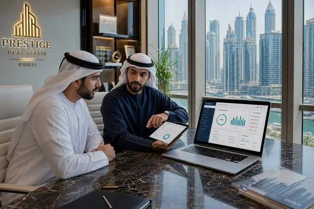 Emirati property executives reviewing Dubai real estate leasing CRM and occupancy analytics on laptop and tablet