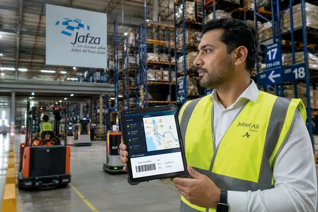 Dubai Jebel Ali logistics operations manager using rugged tablet with live GPS fleet routing and barcode WMS