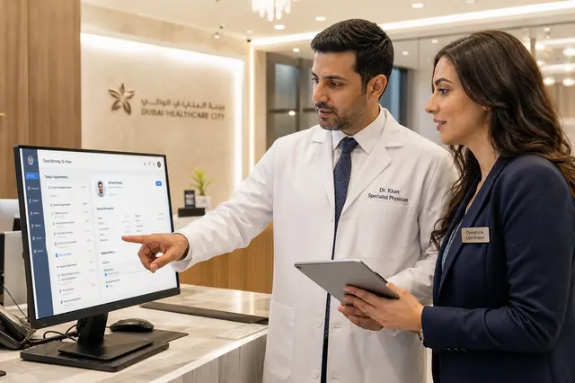 Doctor and clinic operations coordinator in Dubai Healthcare City reviewing patient scheduling and EMR software