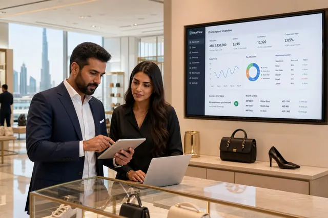 Dubai retail director and store manager checking omnichannel POS and multi-warehouse inventory synchronization