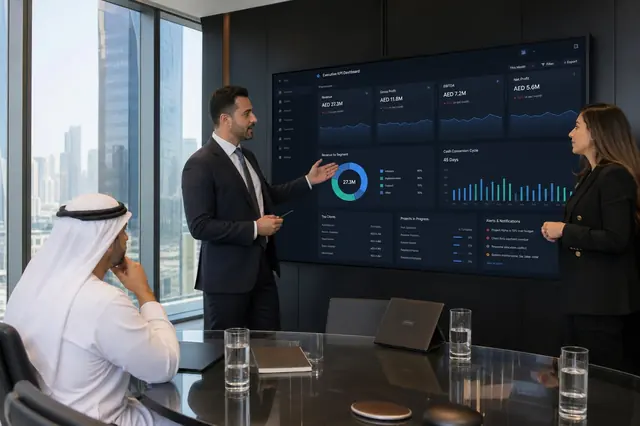Corporate advisors in DIFC Dubai presenting custom Business Intelligence KPI dashboard in executive boardroom