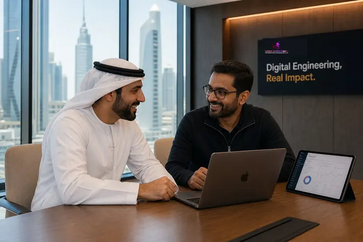Emirati client and Logic Works senior software architect reviewing live cloud platform in Sheikh Zayed Road Dubai office